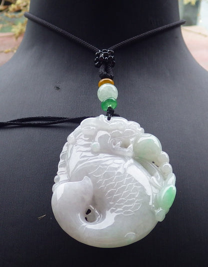 Certified Green Burma 100% Natural A Jade jadeite Pendant Dragon Fish Ruyi Necklace 龙鱼 649612 TN
