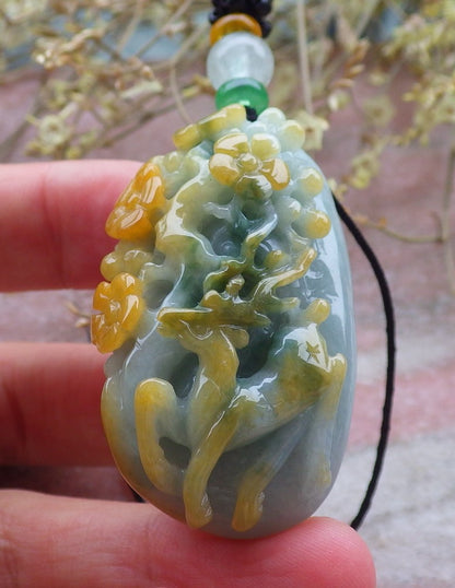 Certified Yellow Green Burma 100% Natural A Jade jadeite Pendant Deer Flower Necklace 梅花鹿 649621 TN