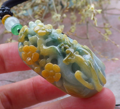Certified Yellow Green Burma 100% Natural A Jade jadeite Pendant Deer Flower Necklace 梅花鹿 649621 TN