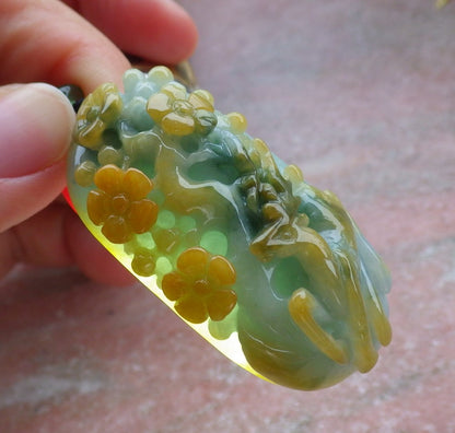 Certified Yellow Green Burma 100% Natural A Jade jadeite Pendant Deer Flower Necklace 梅花鹿 649621 TN