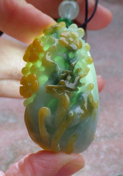 Certified Yellow Green Burma 100% Natural A Jade jadeite Pendant Deer Flower Necklace 梅花鹿 649621 TN