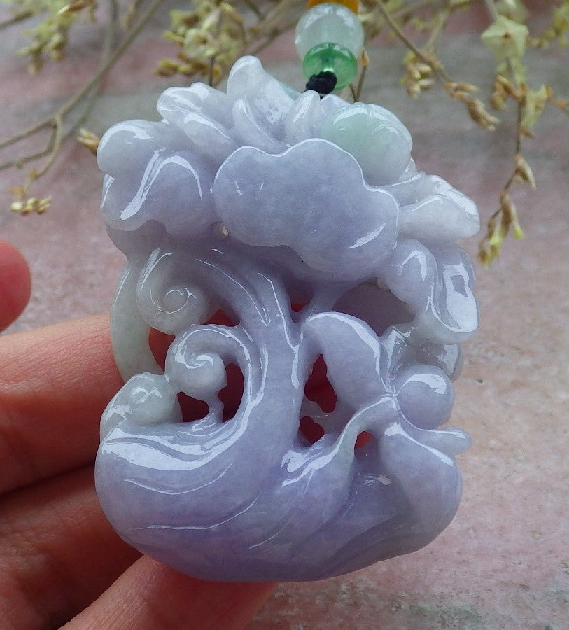 Certified Lavender Green Burma 100% Natural A Jade jadeite pendant  Beetle Flower Necklace 花开富贵 649663 TN
