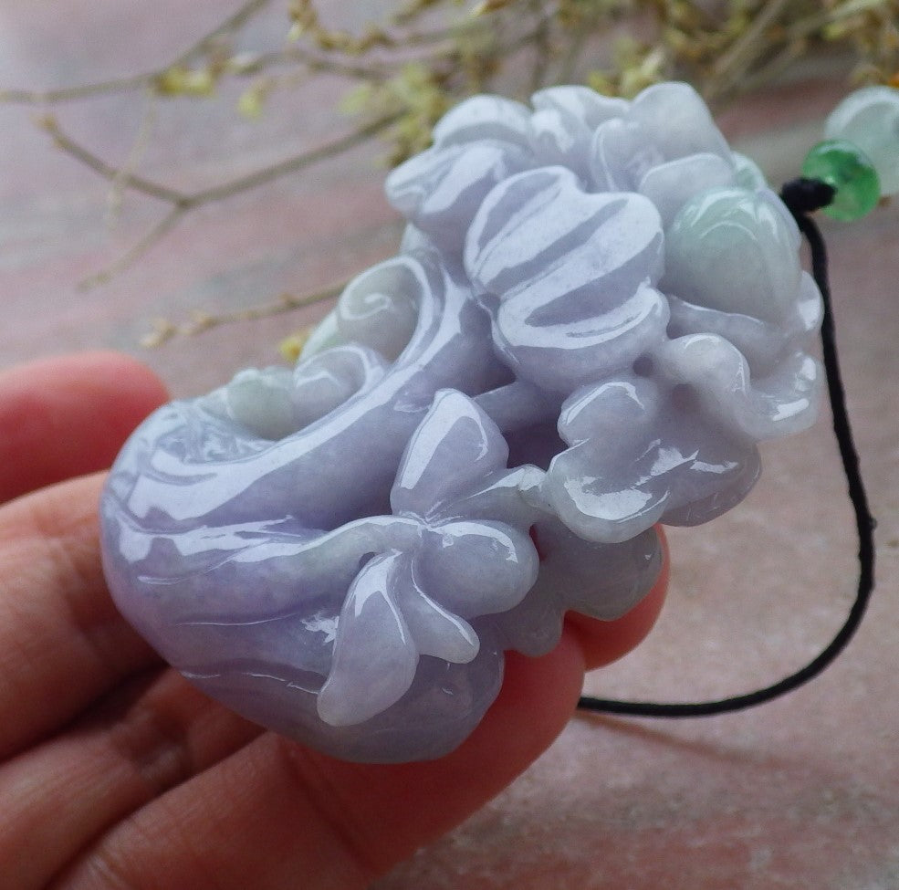 Certified Lavender Green Burma 100% Natural A Jade jadeite pendant  Beetle Flower Necklace 花开富贵 649663 TN