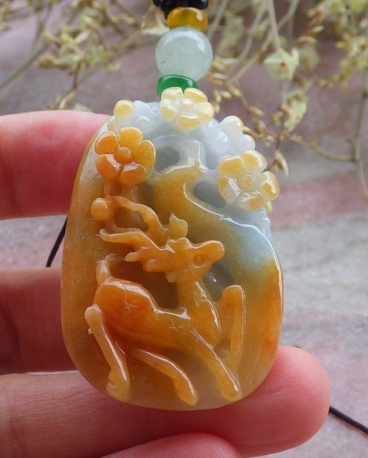Certified Yellow Green Burma 100% Natural A Jade jadeite Pendant Deer Flower Necklace 梅花鹿 649811 TN