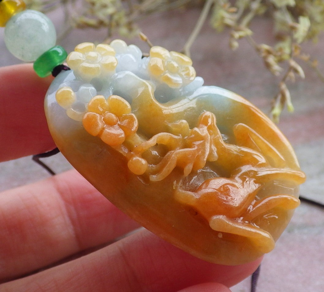 Certified Yellow Green Burma 100% Natural A Jade jadeite Pendant Deer Flower Necklace 梅花鹿 649811 TN