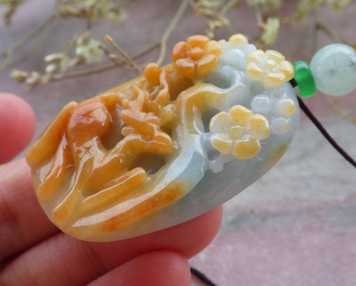 Certified Yellow Green Burma 100% Natural A Jade jadeite Pendant Deer Flower Necklace 梅花鹿 649811 TN
