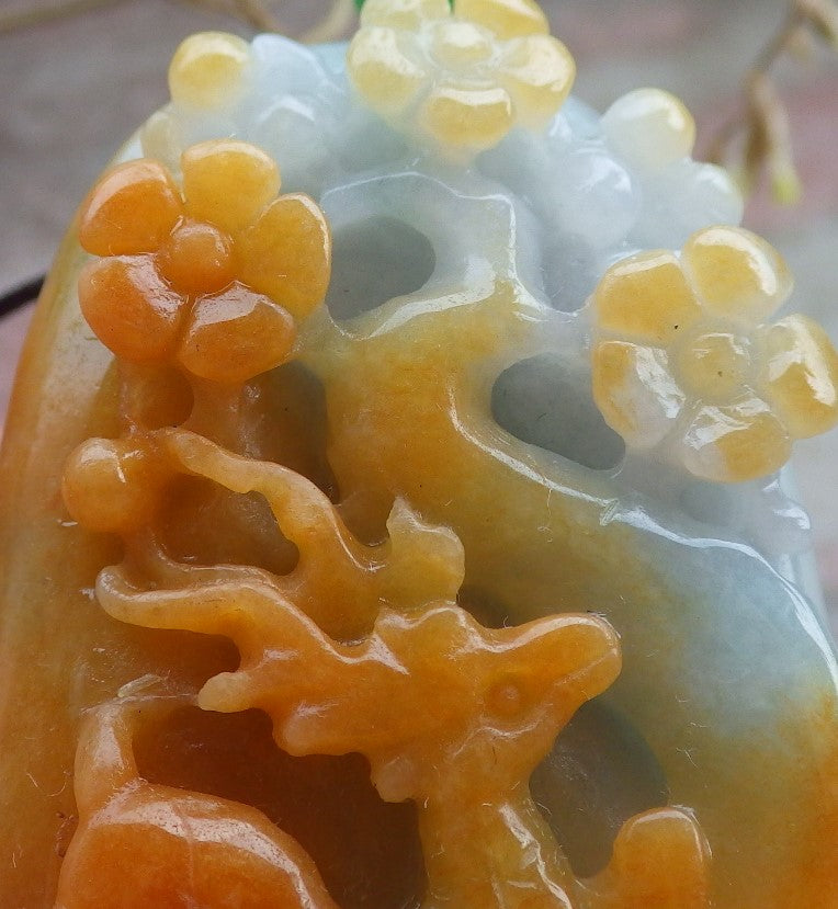 Certified Yellow Green Burma 100% Natural A Jade jadeite Pendant Deer Flower Necklace 梅花鹿 649811 TN