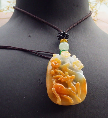 Certified Yellow Green Burma 100% Natural A Jade jadeite Pendant Deer Flower Necklace 梅花鹿 649811 TN