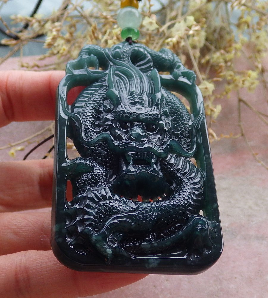 Certified Icy Green Burma 100% Natural A Jade jadeite Pendant Dragon Coin Necklace 生意兴隆 649818 TN