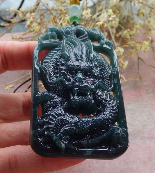 Certified Icy Green Burma 100% Natural A Jade jadeite Pendant Dragon Coin Necklace 生意兴隆 649818 TN