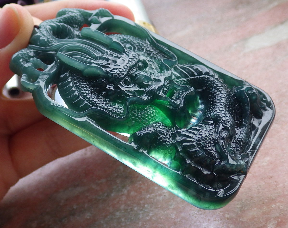 Certified Icy Green Burma 100% Natural A Jade jadeite Pendant Dragon Coin Necklace 生意兴隆 649818 TN