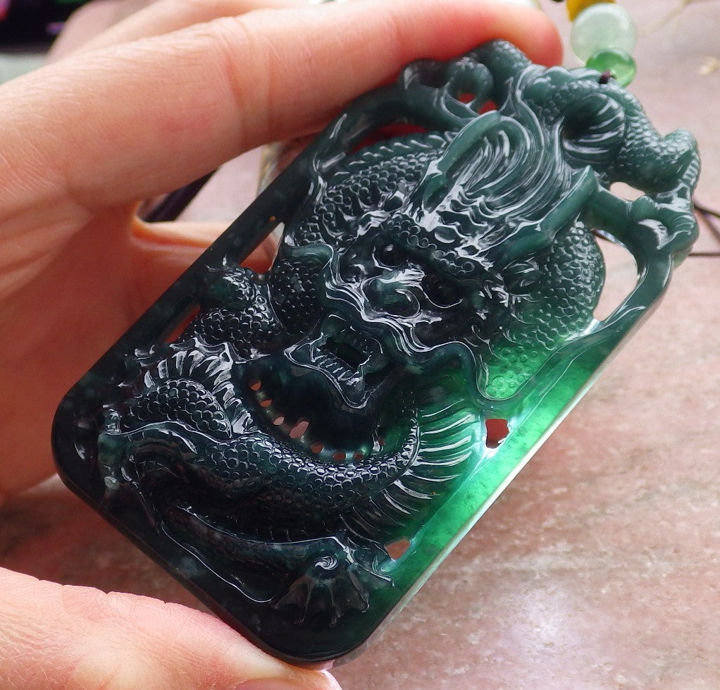 Certified Icy Green Burma 100% Natural A Jade jadeite Pendant Dragon Coin Necklace 生意兴隆 649818 TN
