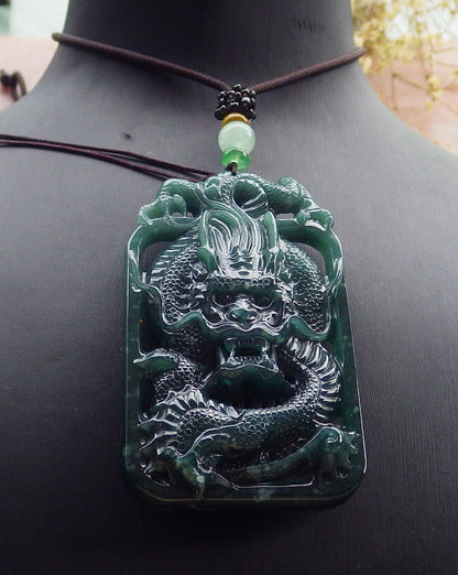 Certified Icy Green Burma 100% Natural A Jade jadeite Pendant Dragon Coin Necklace 生意兴隆 649818 TN