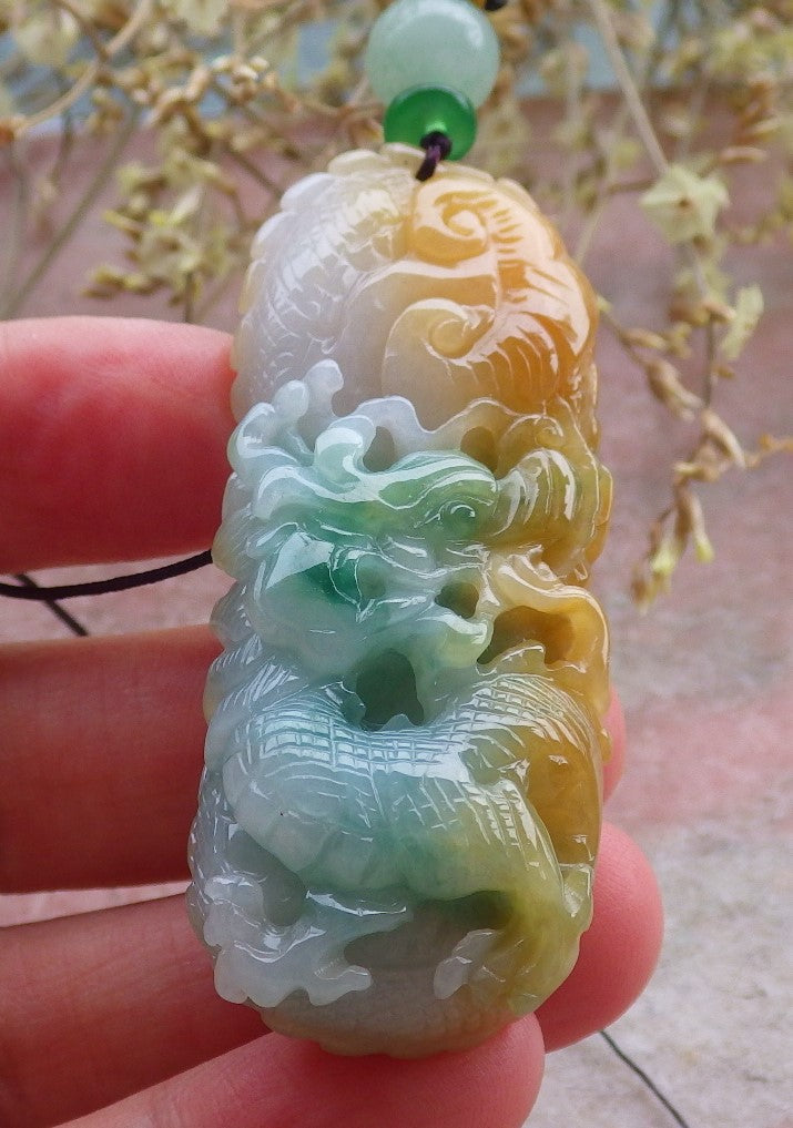 Certified Yellow Green Burma 100% Natural A Jade jadeite Pendant Dragon Ruyi Necklace 生意兴隆 649828 TN