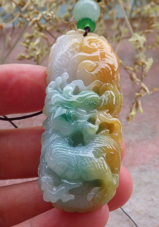 Certified Yellow Green Burma 100% Natural A Jade jadeite Pendant Dragon Ruyi Necklace 生意兴隆 649828 TN