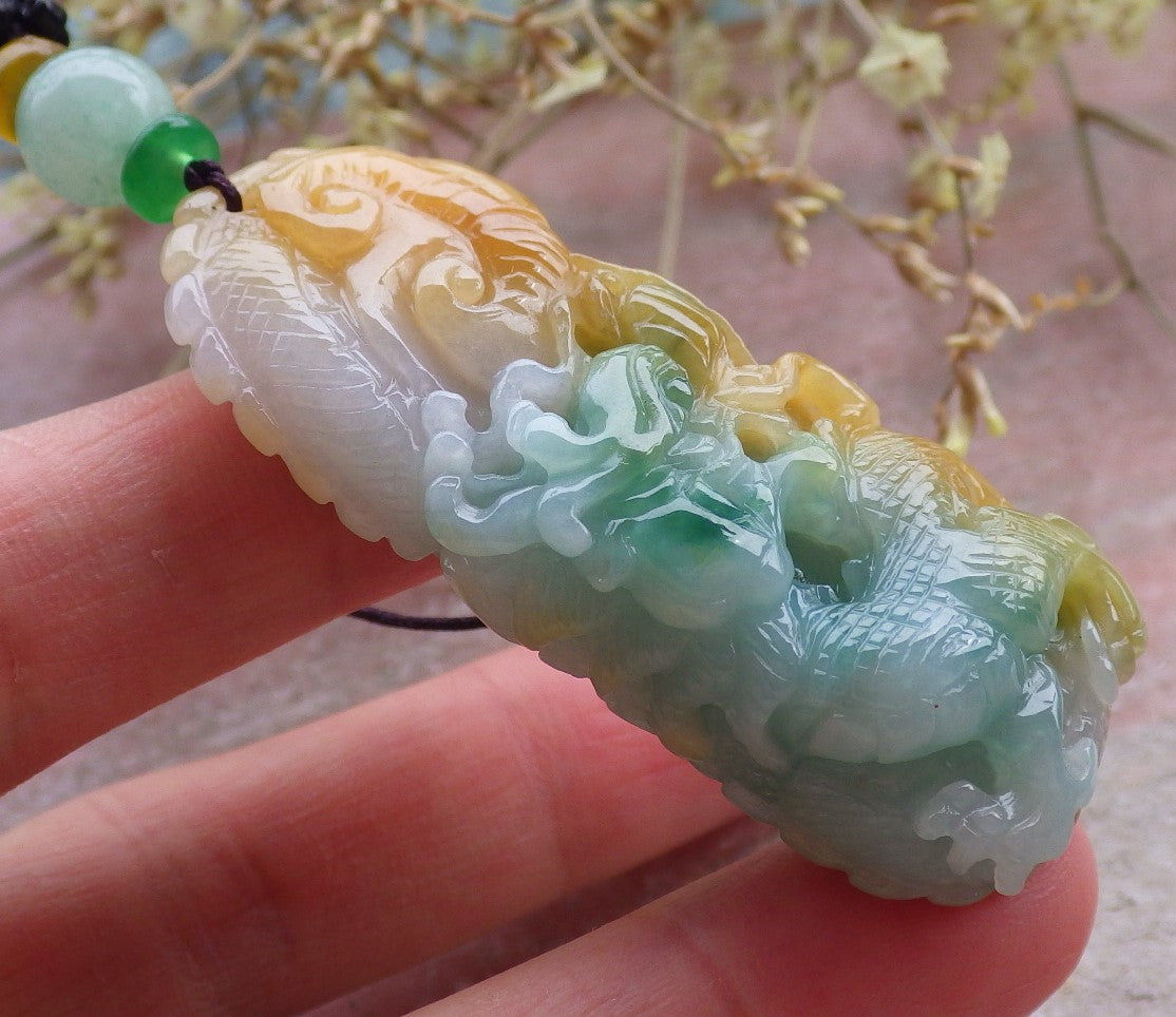Certified Yellow Green Burma 100% Natural A Jade jadeite Pendant Dragon Ruyi Necklace 生意兴隆 649828 TN