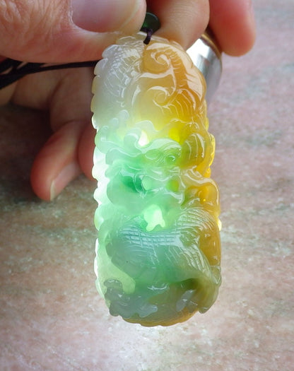 Certified Yellow Green Burma 100% Natural A Jade jadeite Pendant Dragon Ruyi Necklace 生意兴隆 649828 TN