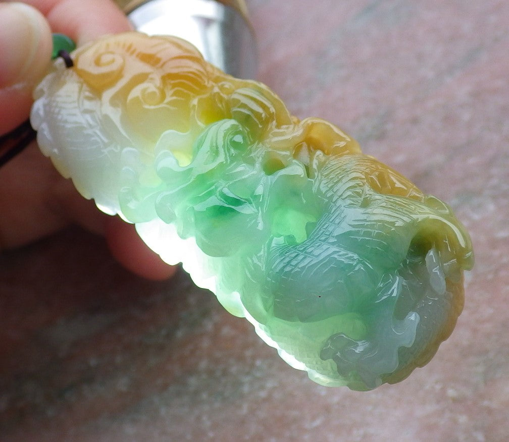 Certified Yellow Green Burma 100% Natural A Jade jadeite Pendant Dragon Ruyi Necklace 生意兴隆 649828 TN