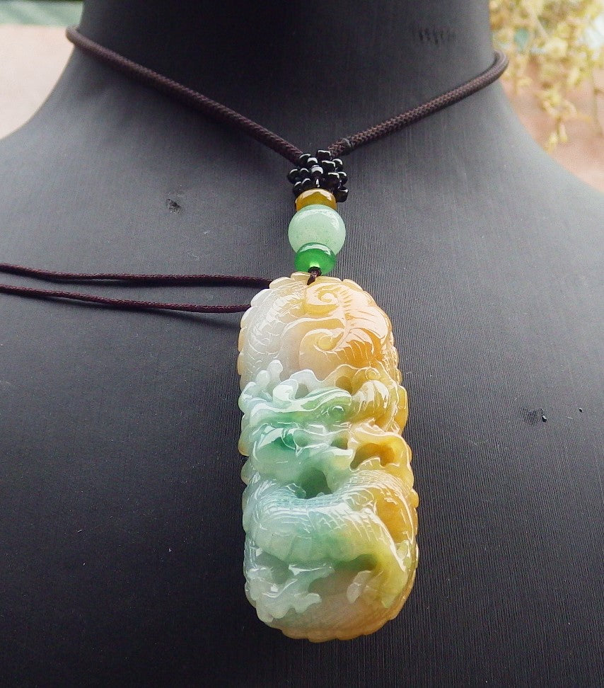 Certified Yellow Green Burma 100% Natural A Jade jadeite Pendant Dragon Ruyi Necklace 生意兴隆 649828 TN