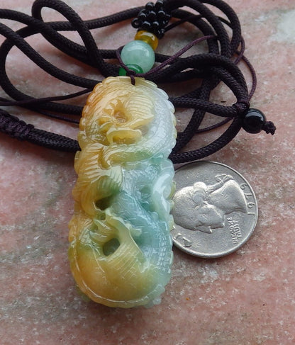 Certified Yellow Green Burma 100% Natural A Jade jadeite Pendant Dragon Ruyi Necklace 生意兴隆 649828 TN