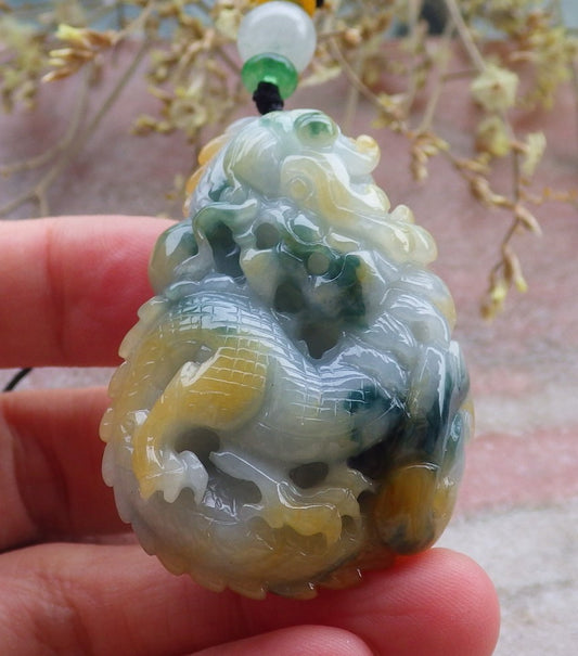 Certified Yellow Green Burma 100% Natural A Jade jadeite Pendant Dragon Ruyi Necklace 生意兴隆 649845 TN