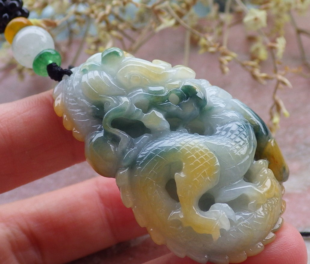 Certified Yellow Green Burma 100% Natural A Jade jadeite Pendant Dragon Ruyi Necklace 生意兴隆 649845 TN