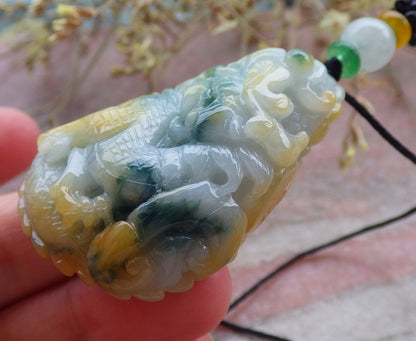 Certified Yellow Green Burma 100% Natural A Jade jadeite Pendant Dragon Ruyi Necklace 生意兴隆 649845 TN