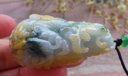 Certified Yellow Green Burma 100% Natural A Jade jadeite Pendant Dragon Ruyi Necklace 生意兴隆 649845 TN