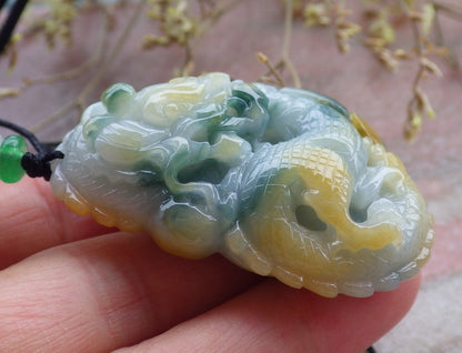 Certified Yellow Green Burma 100% Natural A Jade jadeite Pendant Dragon Ruyi Necklace 生意兴隆 649845 TN