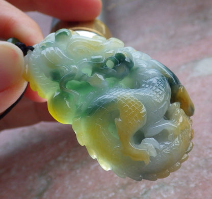 Certified Yellow Green Burma 100% Natural A Jade jadeite Pendant Dragon Ruyi Necklace 生意兴隆 649845 TN