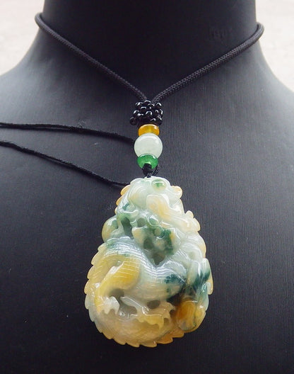 Certified Yellow Green Burma 100% Natural A Jade jadeite Pendant Dragon Ruyi Necklace 生意兴隆 649845 TN