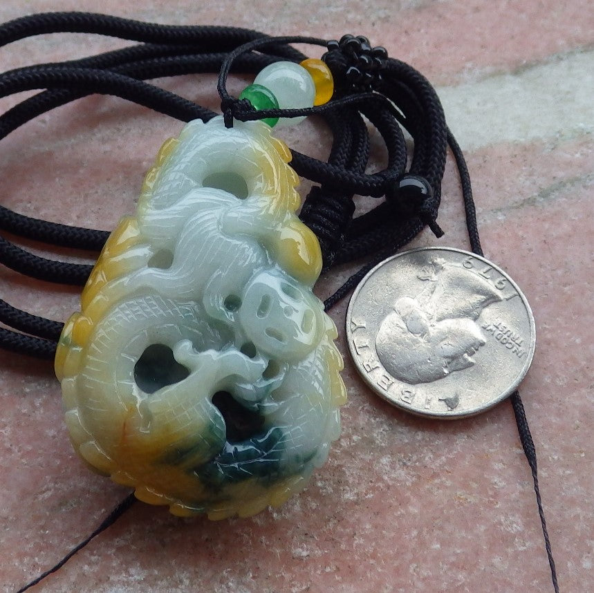 Certified Yellow Green Burma 100% Natural A Jade jadeite Pendant Dragon Ruyi Necklace 生意兴隆 649845 TN