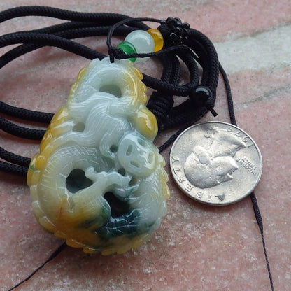 Certified Yellow Green Burma 100% Natural A Jade jadeite Pendant Dragon Ruyi Necklace 生意兴隆 649845 TN