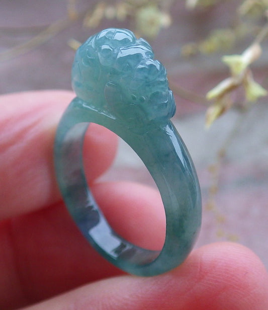 Certified Icy Green Burma 100% Natural A JADE Jadeite Dragon Pi Xiu RING USA. 8 戒指 649904 TN