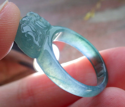 Certified Icy Green Burma 100% Natural A JADE Jadeite Dragon Pi Xiu RING USA. 8 戒指 649904 TN