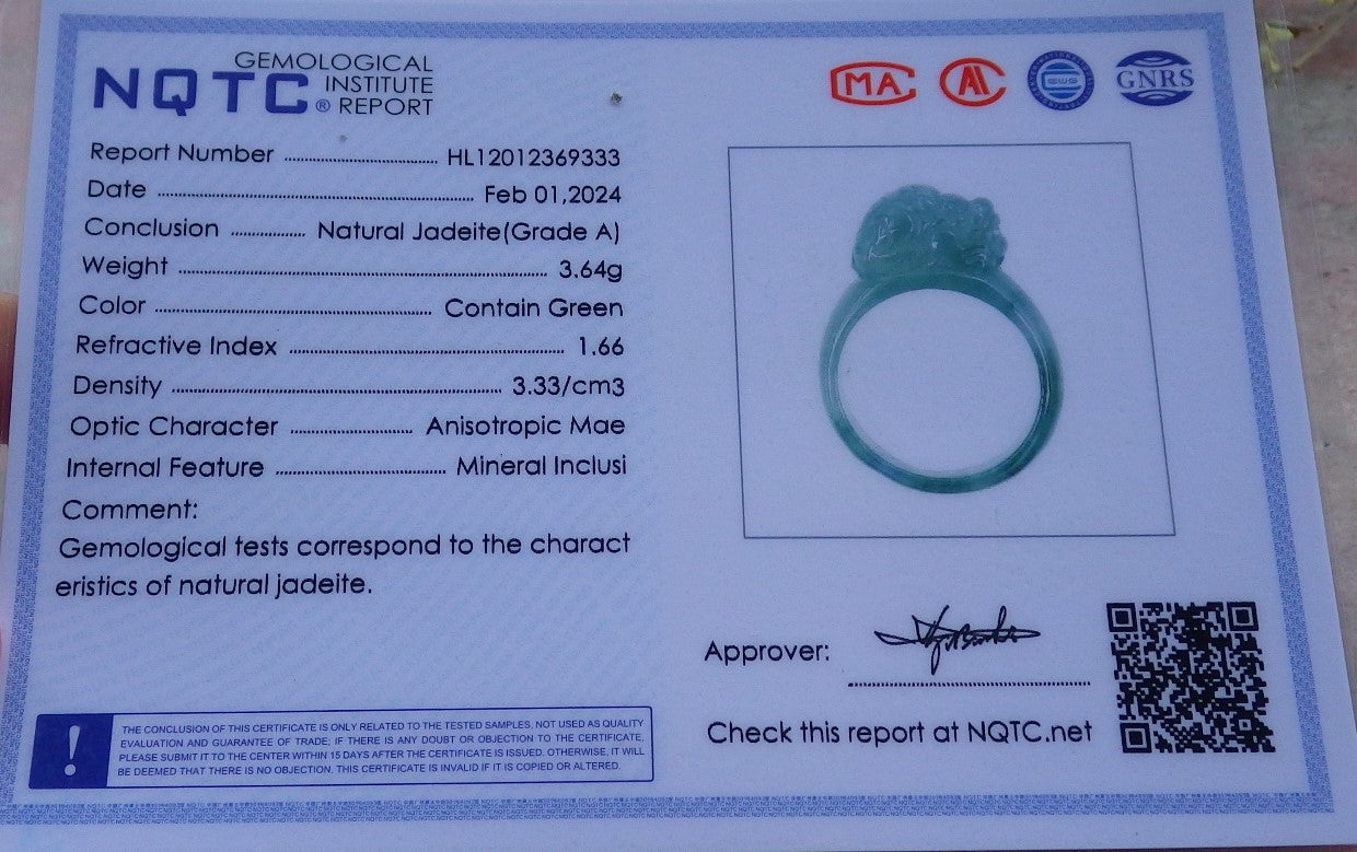 Certified Icy Green Burma 100% Natural A JADE Jadeite Dragon Pi Xiu RING USA. 8 戒指 649904 TN