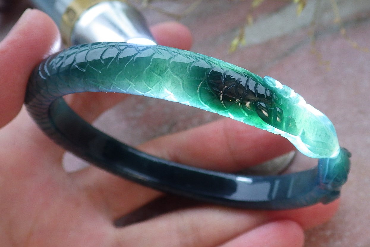 Certified Icy Green Burma 100% Natural A JADE Jadeite Snake Bangle Bracelet 61 mm 手镯 649913 TN