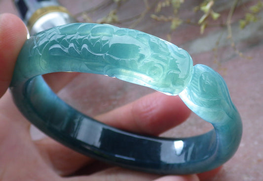 Certified Icy Green Burma 100% Natural A JADE Jadeite Dragon Bangle Bracelet 59 mm 手镯 649938 TN