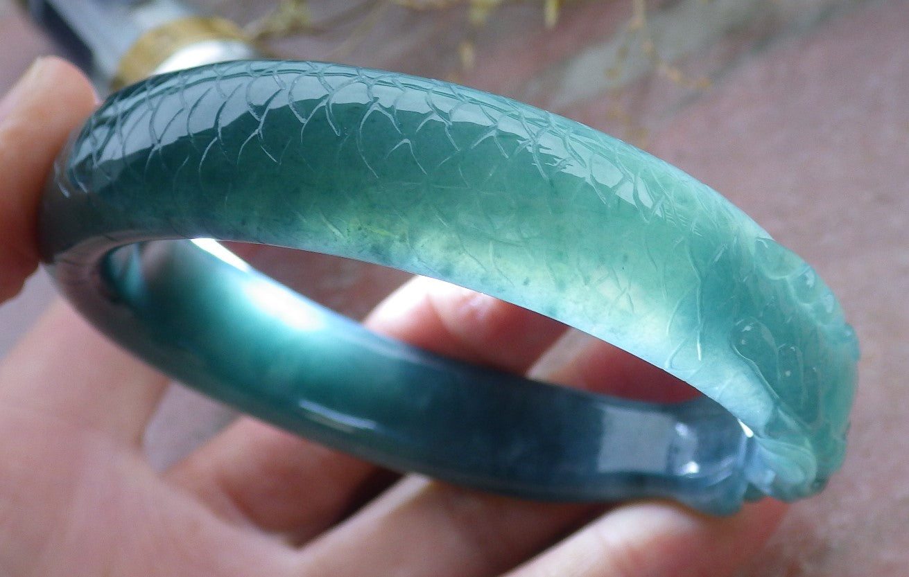 Certified Icy Green Burma 100% Natural A JADE Jadeite Dragon Bangle Bracelet 59 mm 手镯 649938 TN