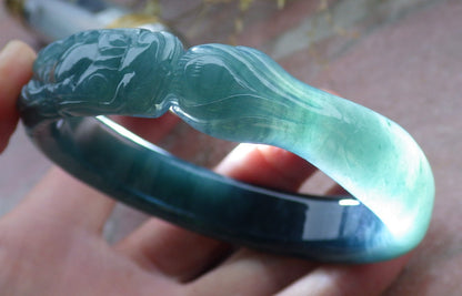 Certified Icy Green Burma 100% Natural A JADE Jadeite Dragon Bangle Bracelet 59 mm 手镯 649938 TN