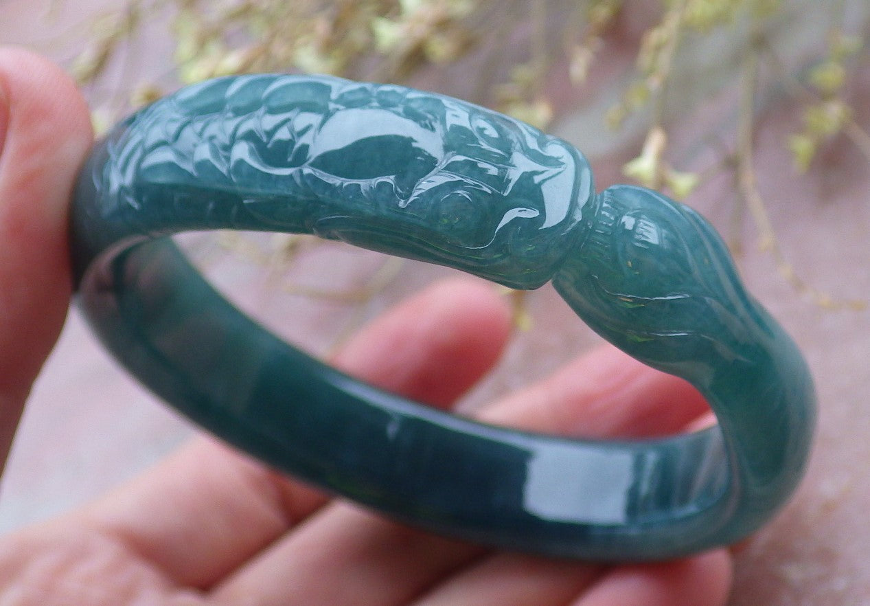Certified Icy Green Burma 100% Natural A JADE Jadeite Dragon Bangle Bracelet 59 mm 手镯 649938 TN