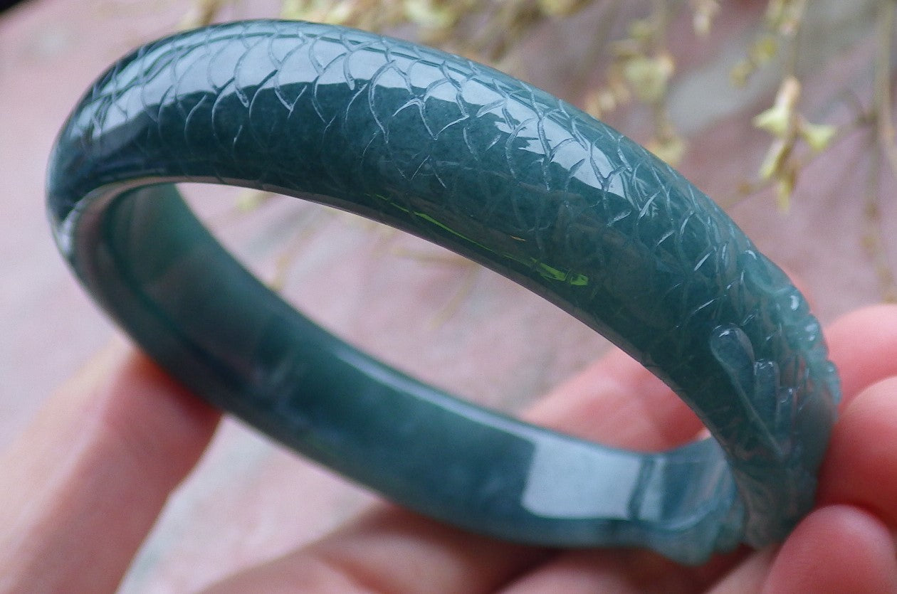 Certified Icy Green Burma 100% Natural A JADE Jadeite Dragon Bangle Bracelet 59 mm 手镯 649938 TN