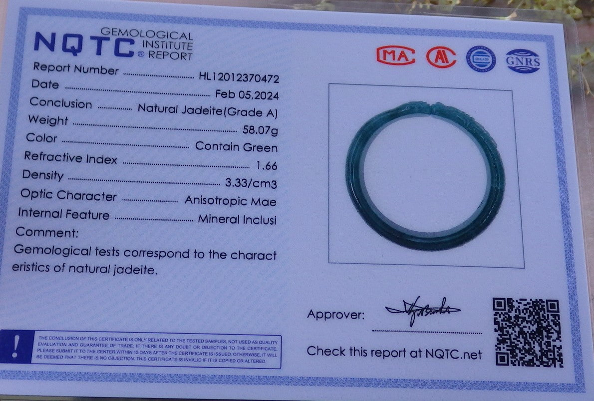 Certified Icy Green Burma 100% Natural A JADE Jadeite Dragon Bangle Bracelet 59 mm 手镯 649938 TN