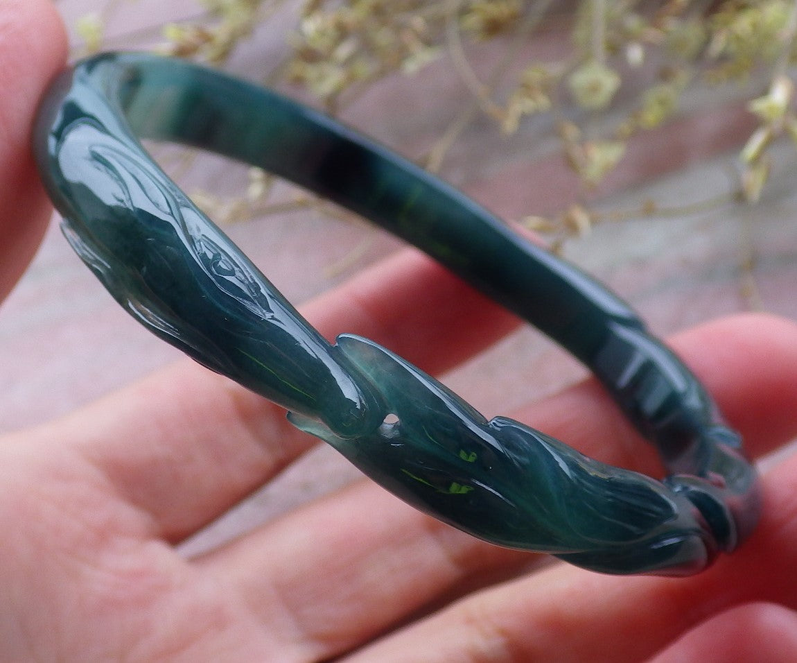 Certified Icy Green Burma 100% Natural A JADE Jadeite  Fox Bangle Bracelet 60 mm 手镯 649949 TN