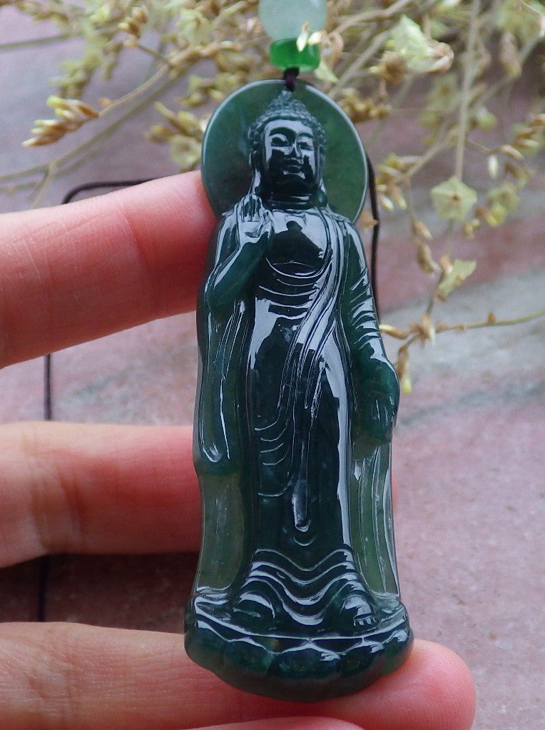 Certified Icy Green Burma 100% Natural A Jade jadeite pendant Sakyamuni Buddha God Necklace 释迦牟尼 649972 TN