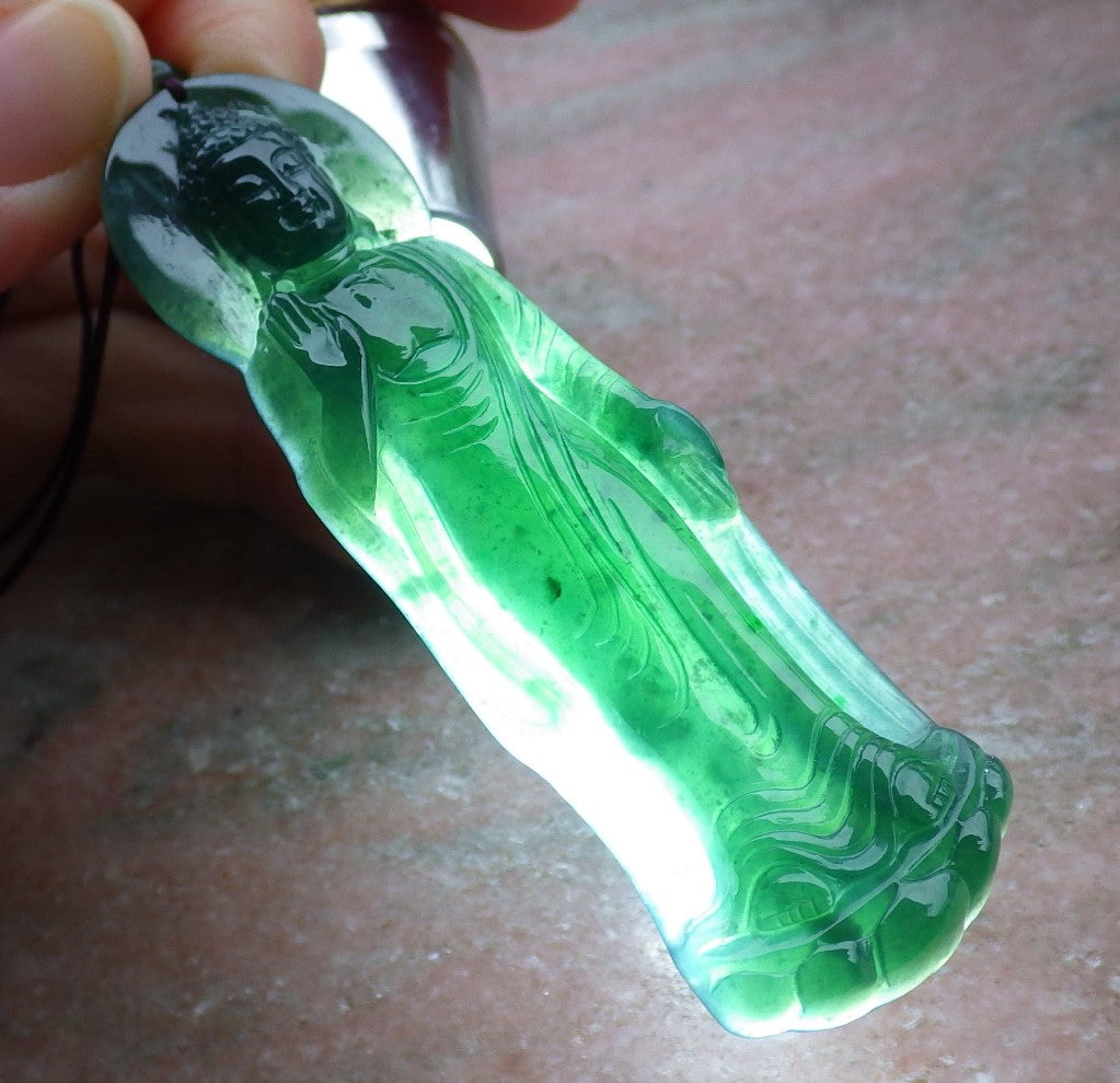 Certified Icy Green Burma 100% Natural A Jade jadeite pendant Sakyamuni Buddha God Necklace 释迦牟尼 649972 TN
