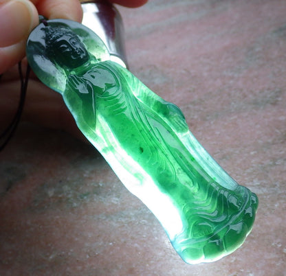 Certified Icy Green Burma 100% Natural A Jade jadeite pendant Sakyamuni Buddha God Necklace 释迦牟尼 649972 TN