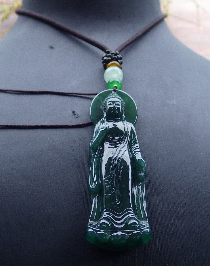 Certified Icy Green Burma 100% Natural A Jade jadeite pendant Sakyamuni Buddha God Necklace 释迦牟尼 649972 TN