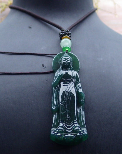 Certified Icy Green Burma 100% Natural A Jade jadeite pendant Sakyamuni Buddha God Necklace 释迦牟尼 649972 TN