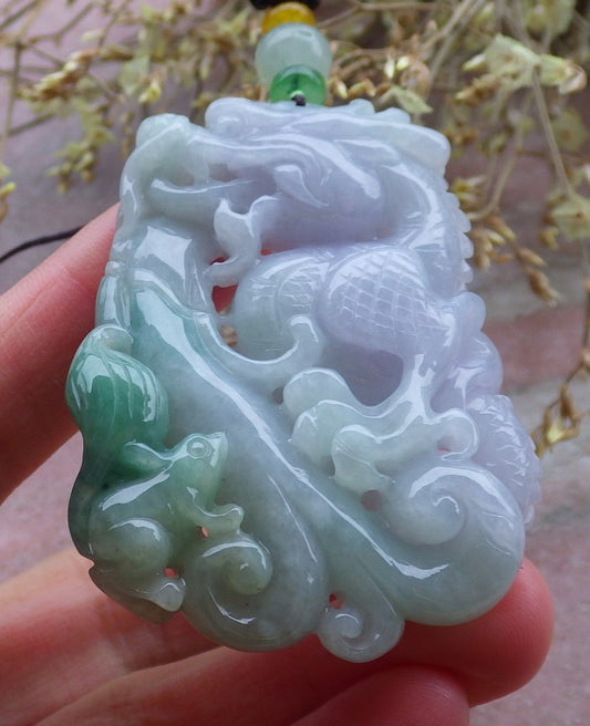 Certified Green Pale Lavender Burma 100% Natural A Jade jadeite Pendant Dragon Mouse Rat Necklace 望子成龙 649991 TN